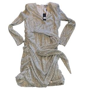 NWT Medium Fashion Nova Center Stage Silver Sequin Mini Dress Long Sleeve‎ Party